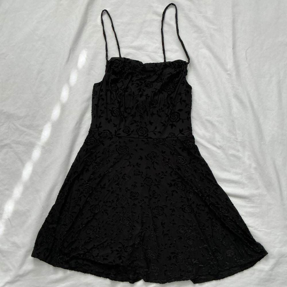 Rewind black velvet floral mini midi dress size medium y2k grunge whimsigoth